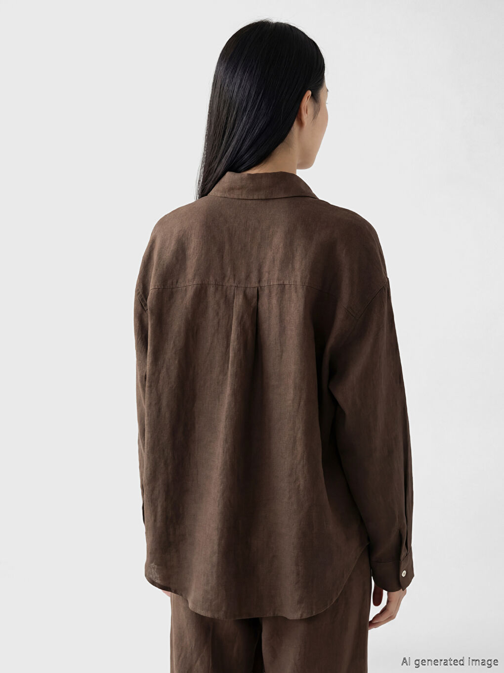 Kahverengi Oversize Kadın Keten Gömlek-3