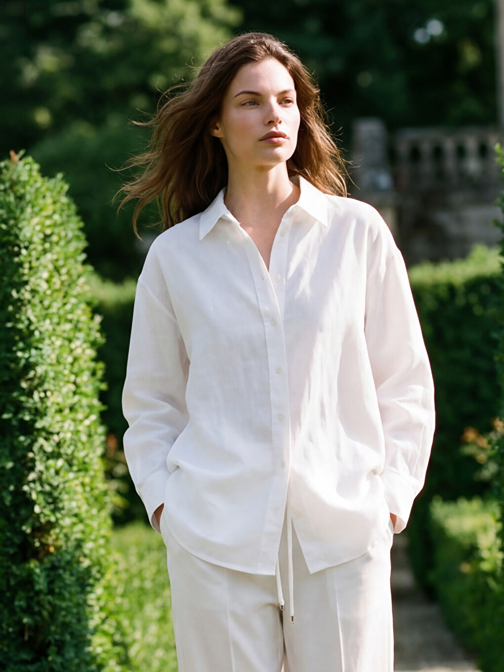 Beyaz Oversize Keten Kadın Gömlek