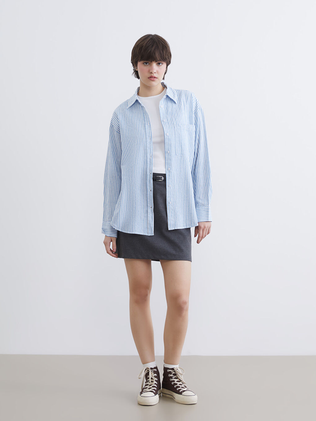 Mavi Çizgili Keten Karışımlı Kadın Gömlek	-1