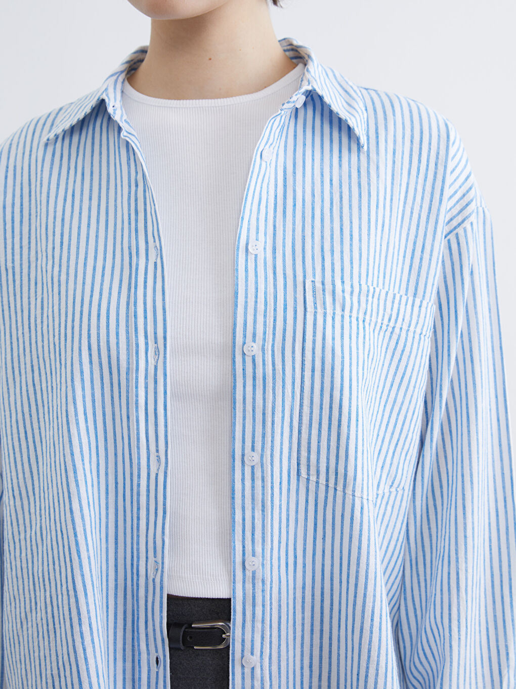Mavi Çizgili Keten Karışımlı Kadın Gömlek	-2