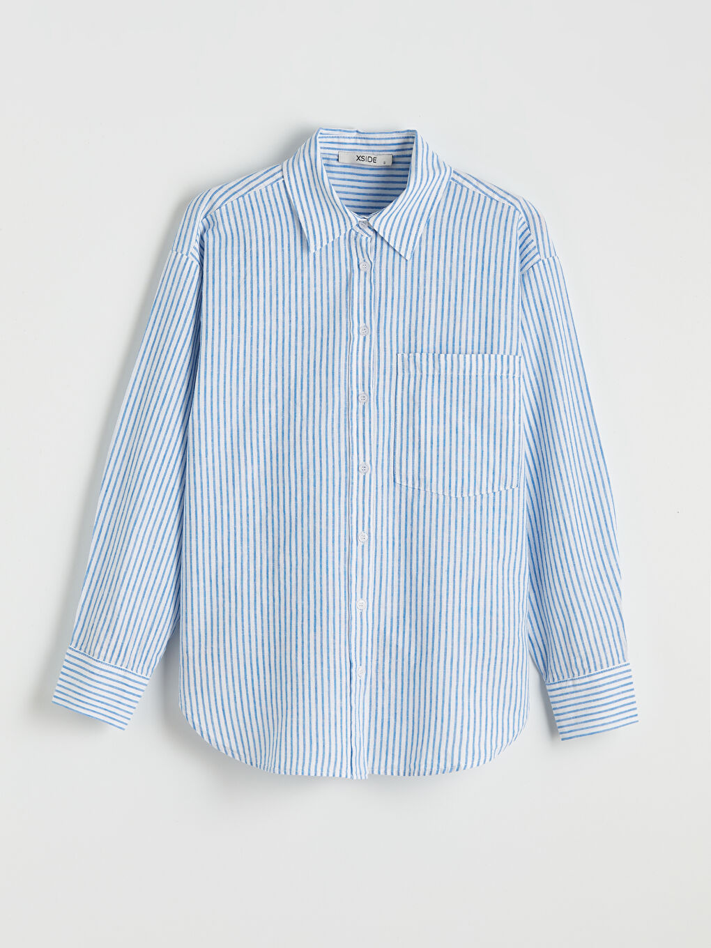 Mavi Çizgili Keten Karışımlı Kadın Gömlek	-4