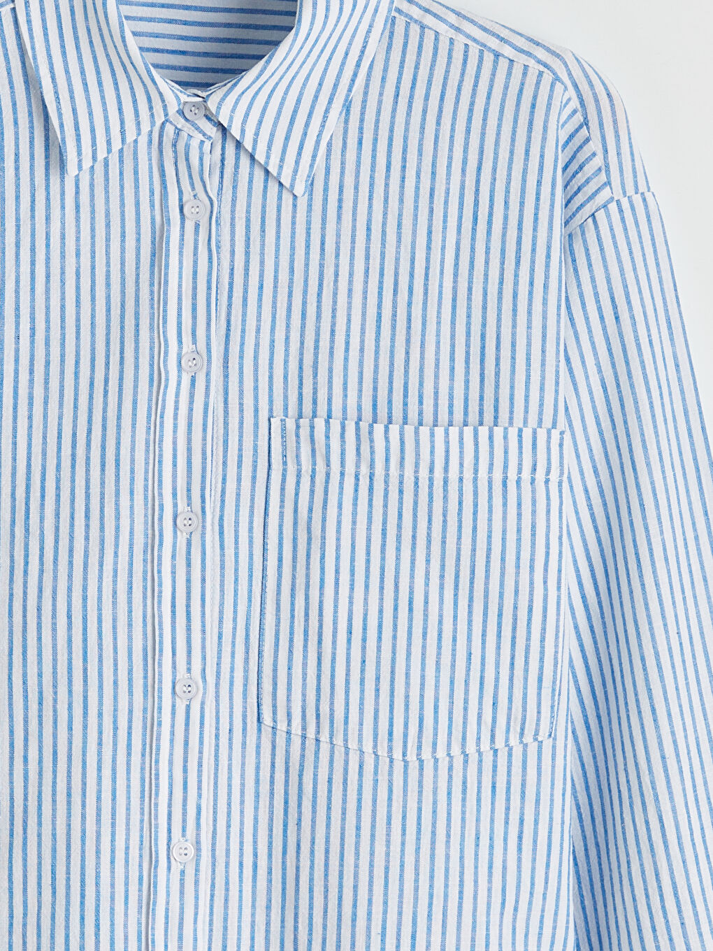 Mavi Çizgili Keten Karışımlı Kadın Gömlek	-5