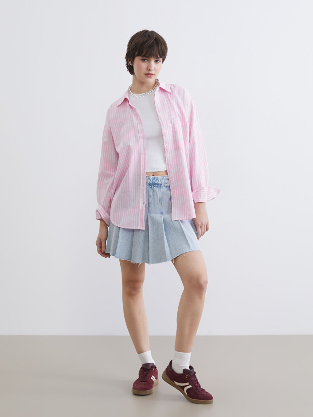 Pembe Çizgili Keten Karışımlı Kadın Gömlek	-1