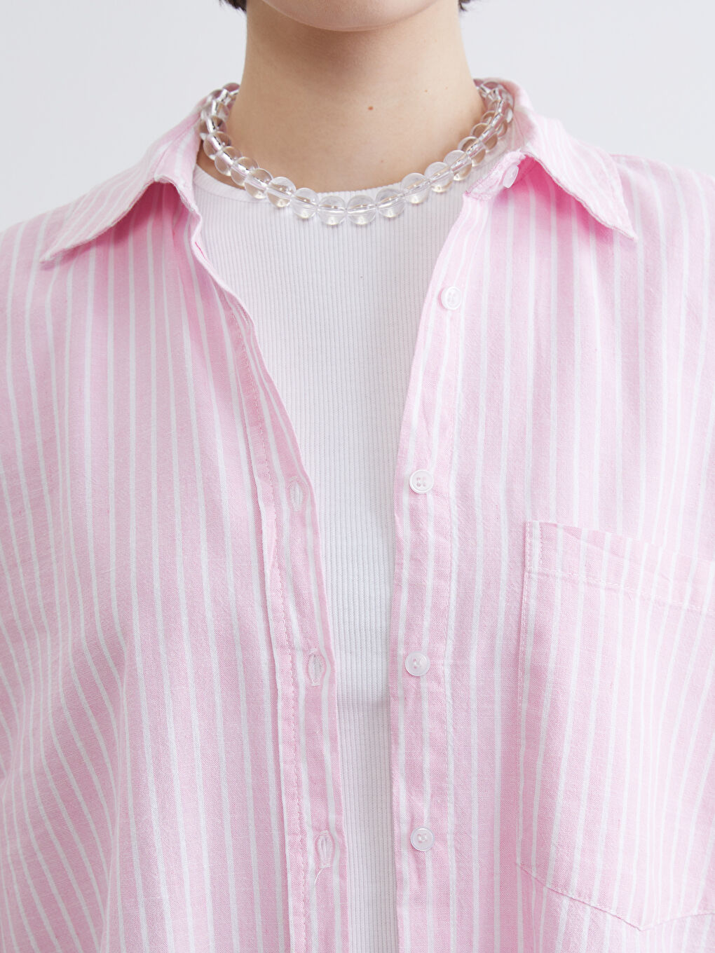 Pembe Çizgili Keten Karışımlı Kadın Gömlek	-2