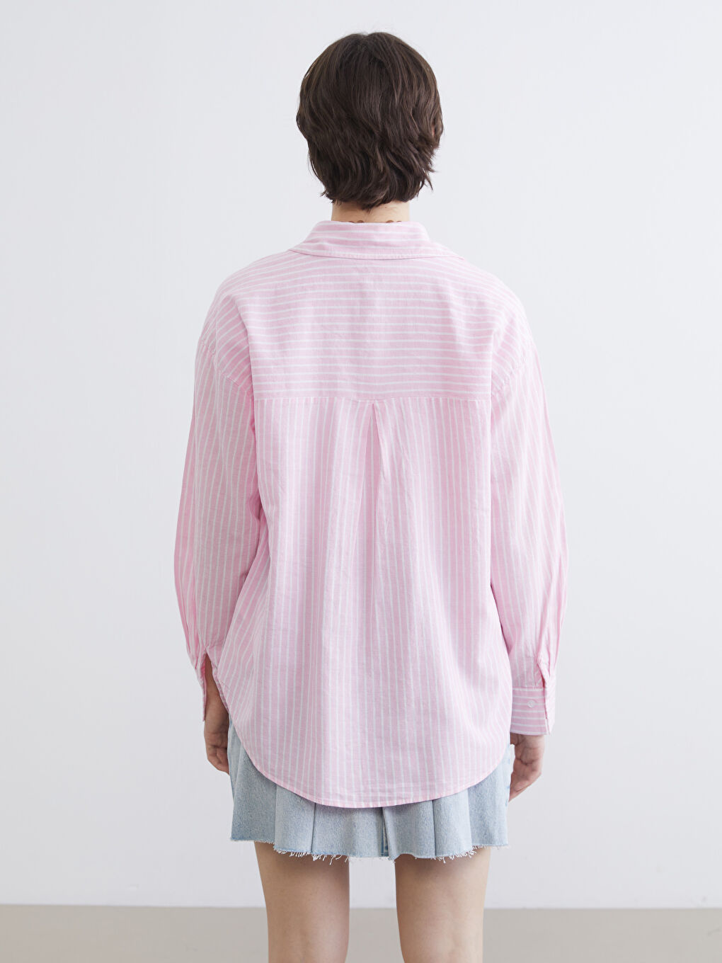 Pembe Çizgili Keten Karışımlı Kadın Gömlek	-3