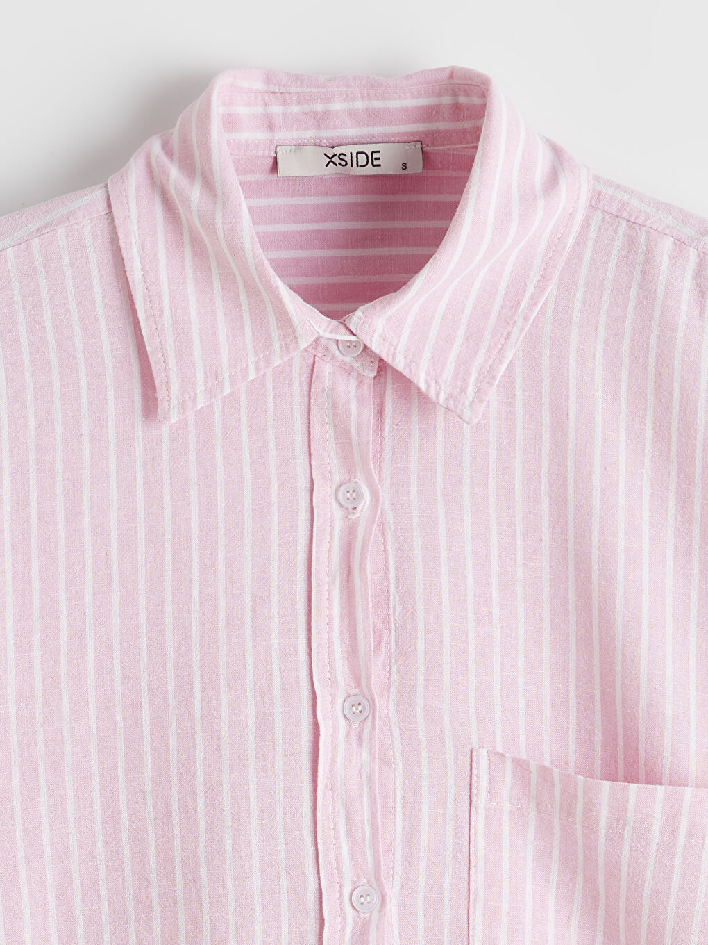Pembe Çizgili Keten Karışımlı Kadın Gömlek	-5