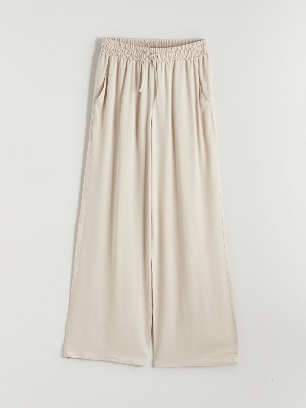 Bej Belİ Lastikli Geniş Paça Kadın Pantolon-4