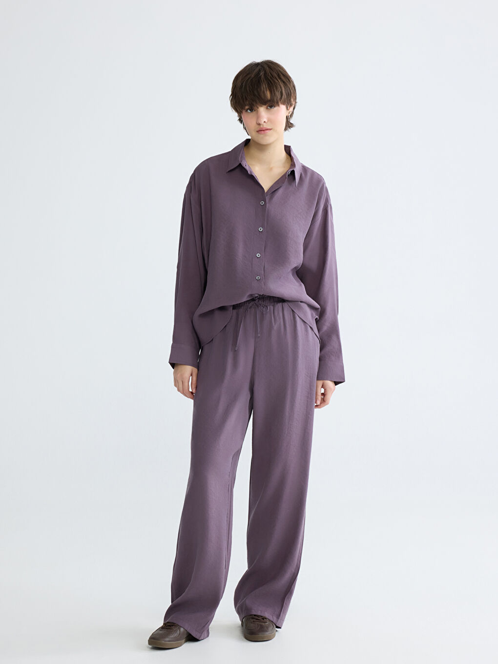 Mürdüm Oversize Modal Karışımlı Kadın Gömlek-1