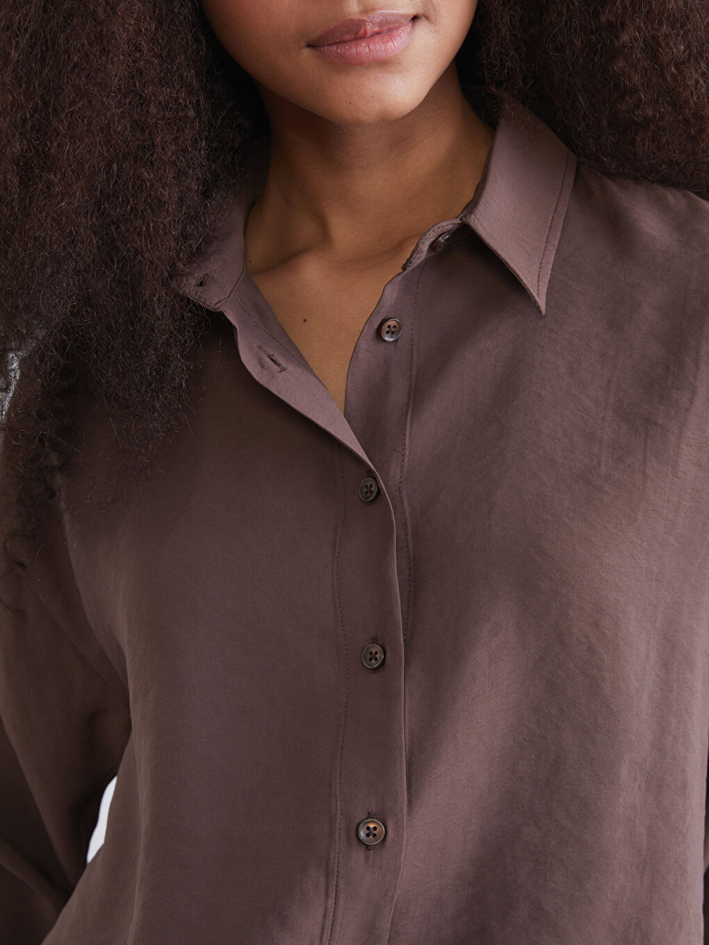 Kahverengi Oversize Modal Karışımlı Kadın Gömlek-2