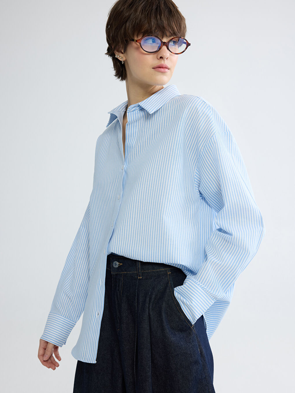 Mavi Çizgili Oversize Poplin Kadın Gömlek