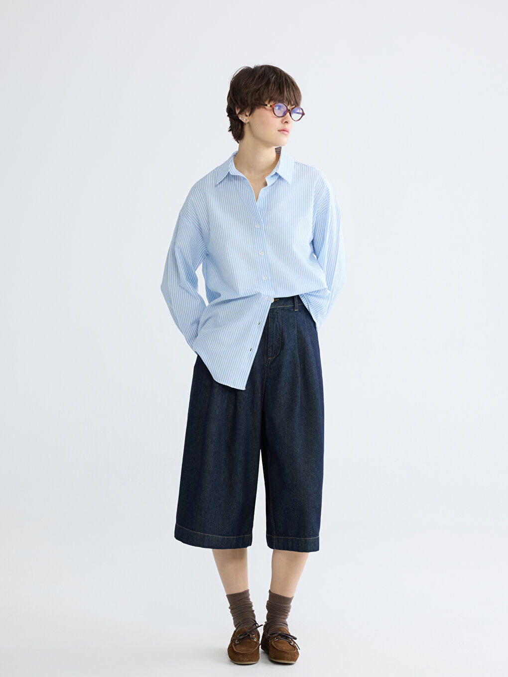 Mavi Çizgili Oversize Poplin Kadın Gömlek-1