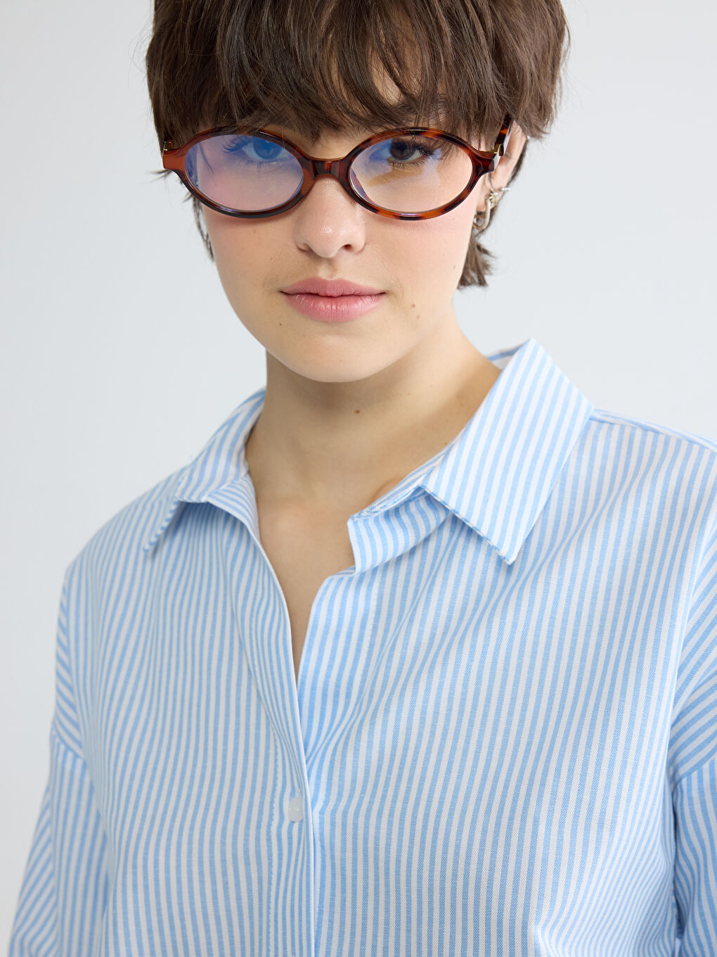 Mavi Çizgili Oversize Poplin Kadın Gömlek-2