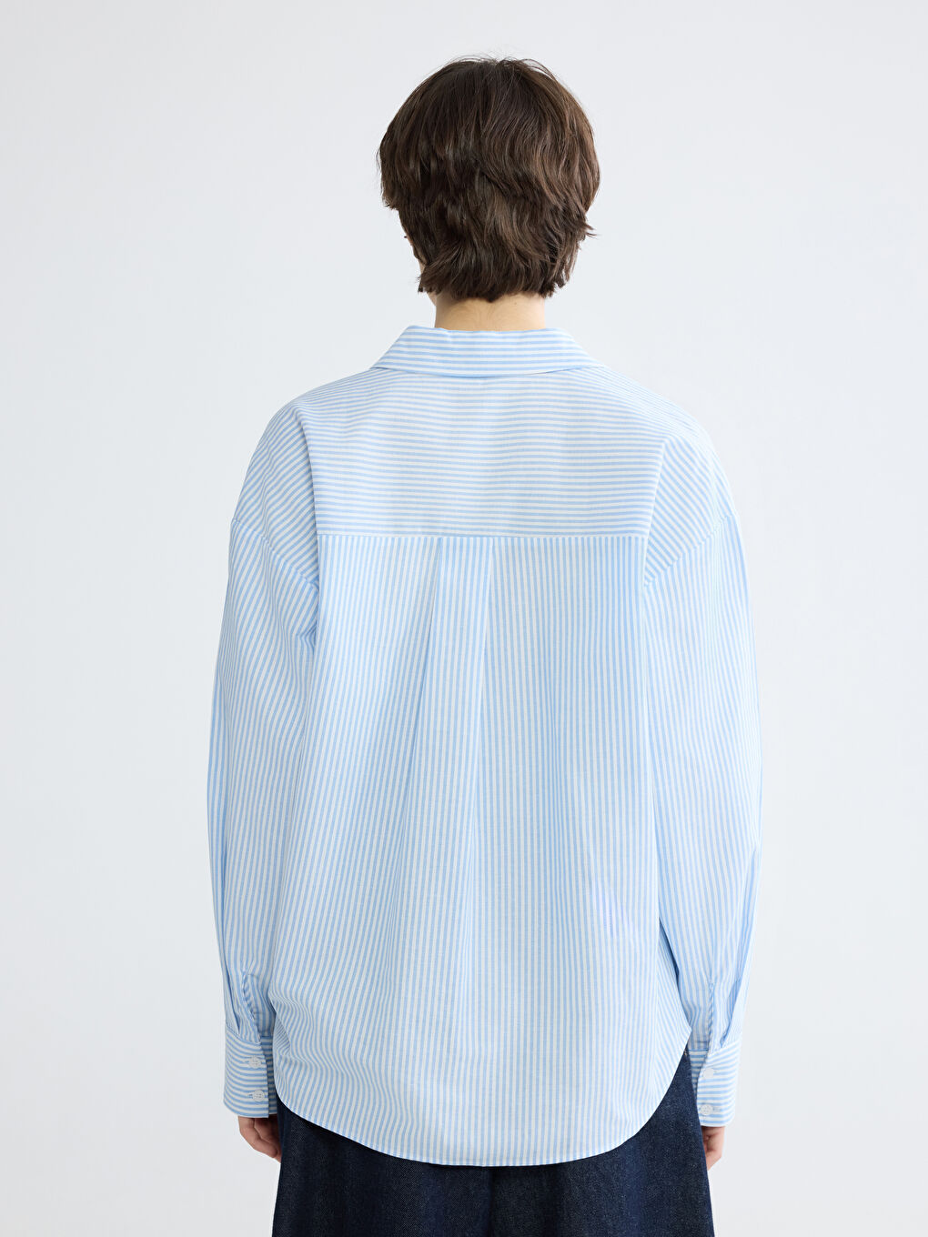 Mavi Çizgili Oversize Poplin Kadın Gömlek-3