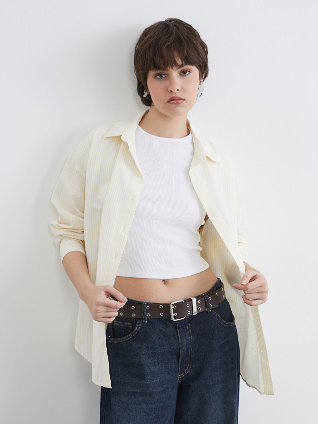 Sarı Çizgili Oversize Poplin Kadın Gömlek	