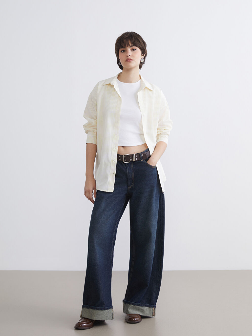 Sarı Çizgili Oversize Poplin Kadın Gömlek	-1