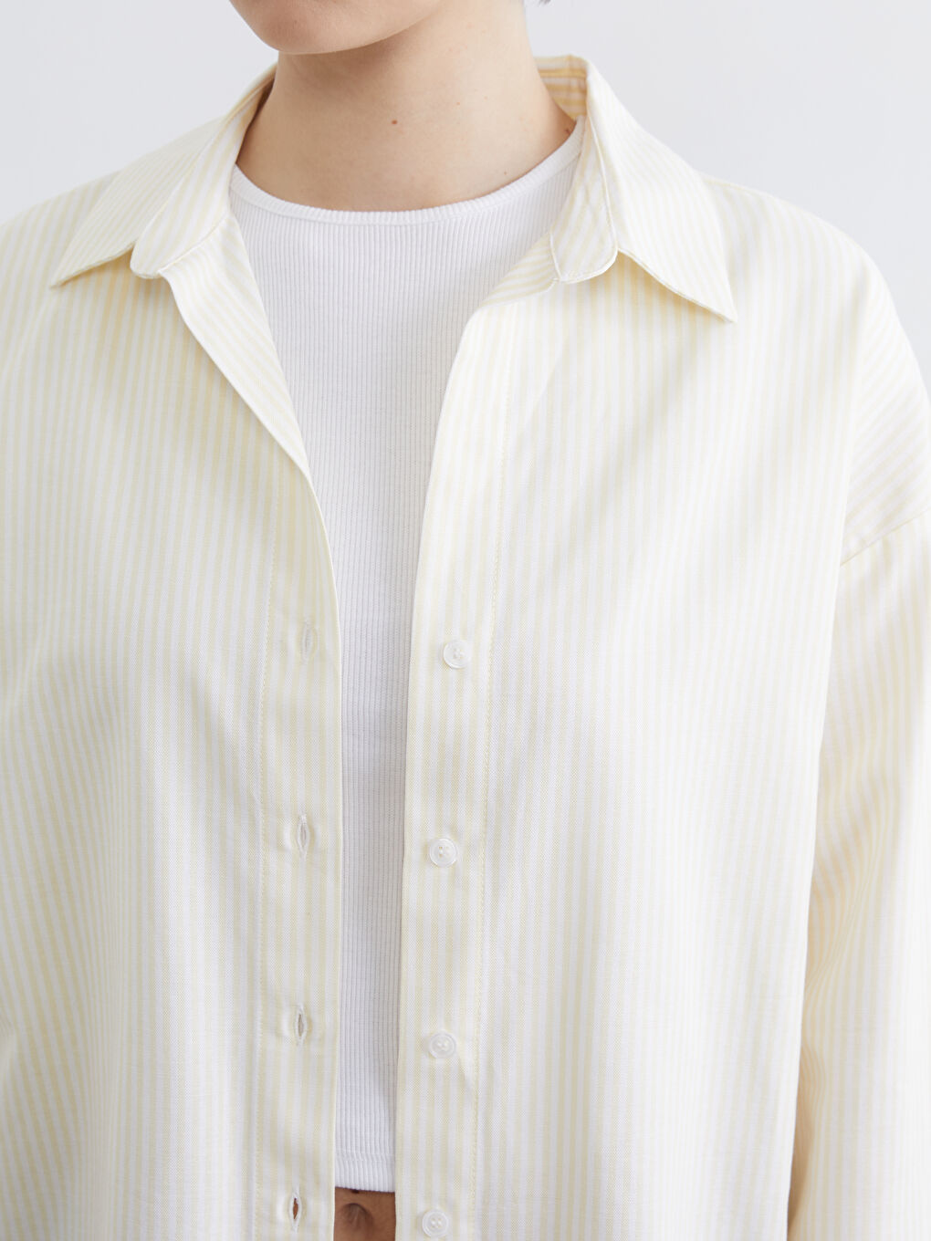 Sarı Çizgili Oversize Poplin Kadın Gömlek	-2