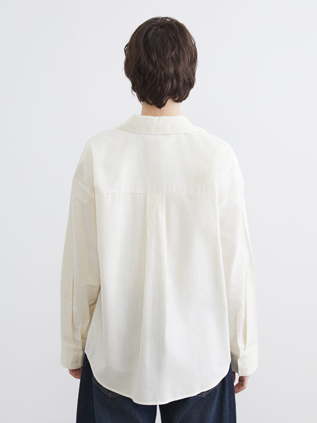 Sarı Çizgili Oversize Poplin Kadın Gömlek	-3