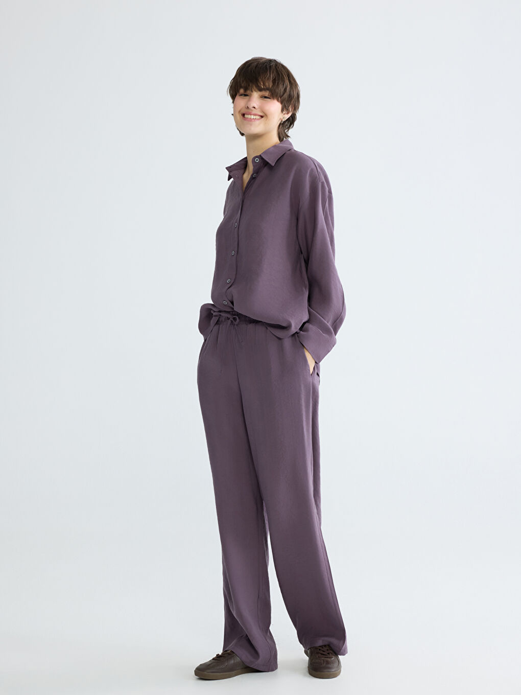 Mürdüm Belİ Lastikli Geniş Paça Kadın Pantolon	