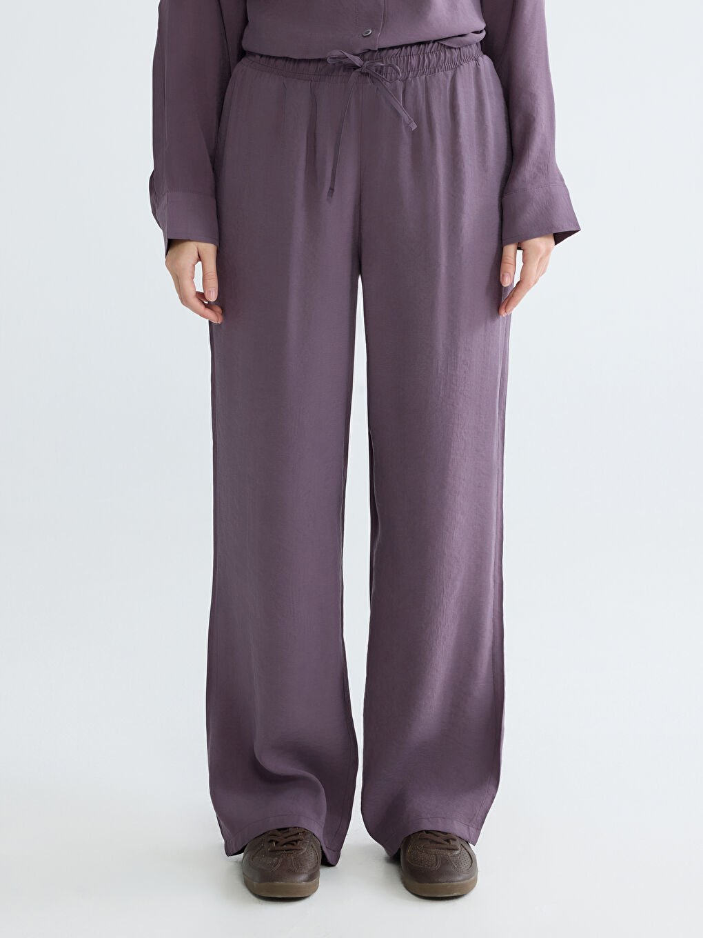 Mürdüm Belİ Lastikli Geniş Paça Kadın Pantolon	-1