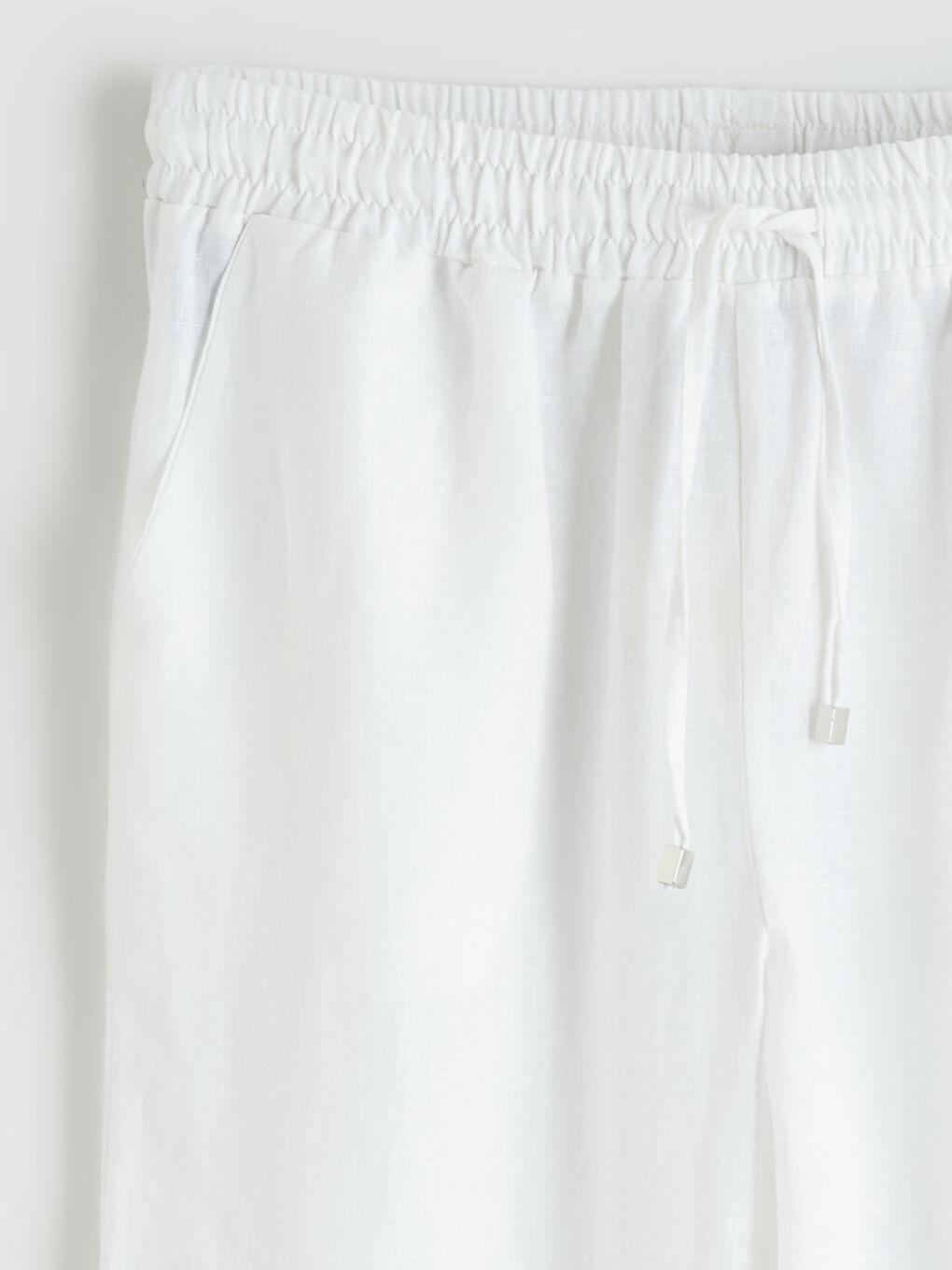 Beyaz Beli Lastikli Kadın Keten Pantolon-1
