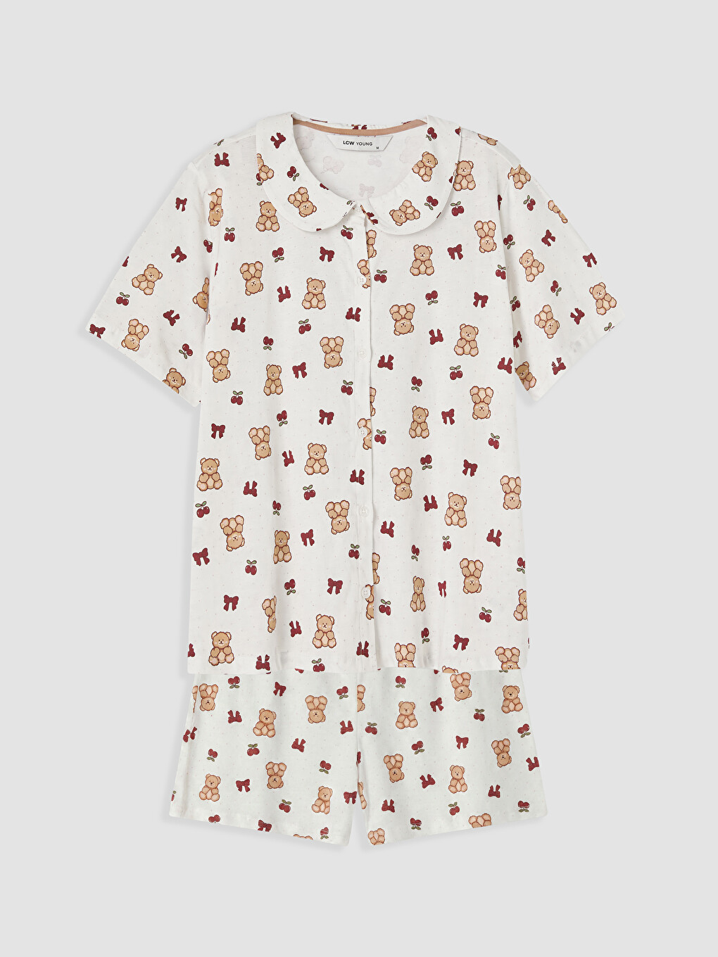 Ekru Bebe Yaka Ayıcık Baskılı Kadın Şortlu Pijama Takımı