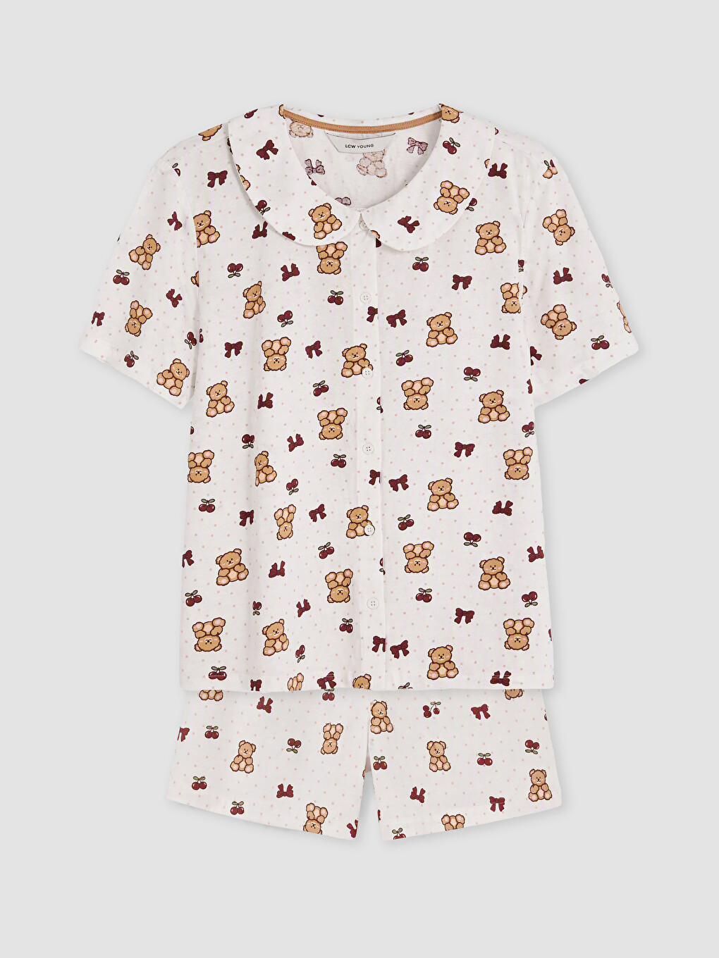 Peter Pan Collar Teddy Bear Printed Women's Shorts Pyjamas Set-5