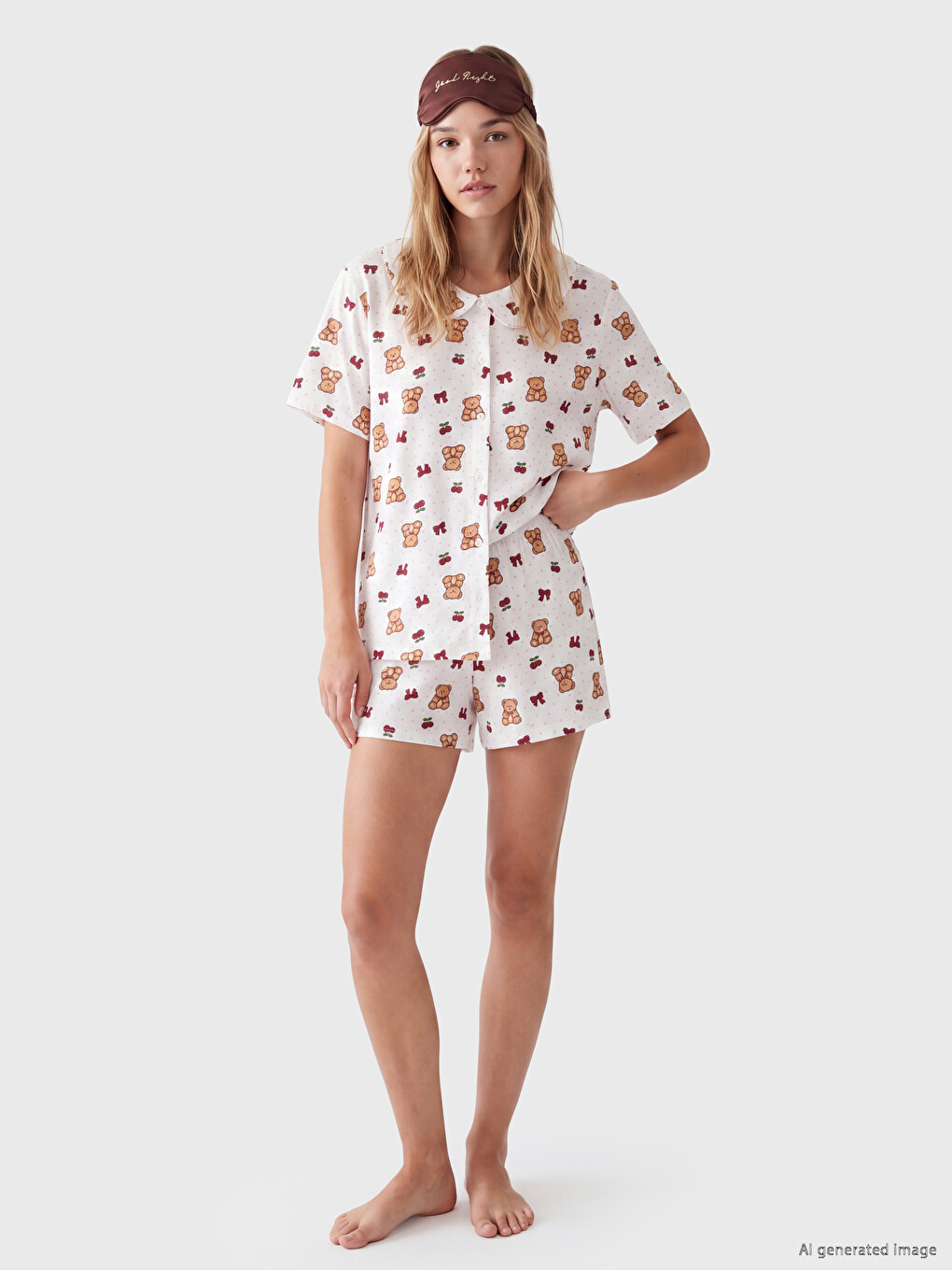 Peter Pan Collar Teddy Bear Printed Women's Shorts Pyjamas Set