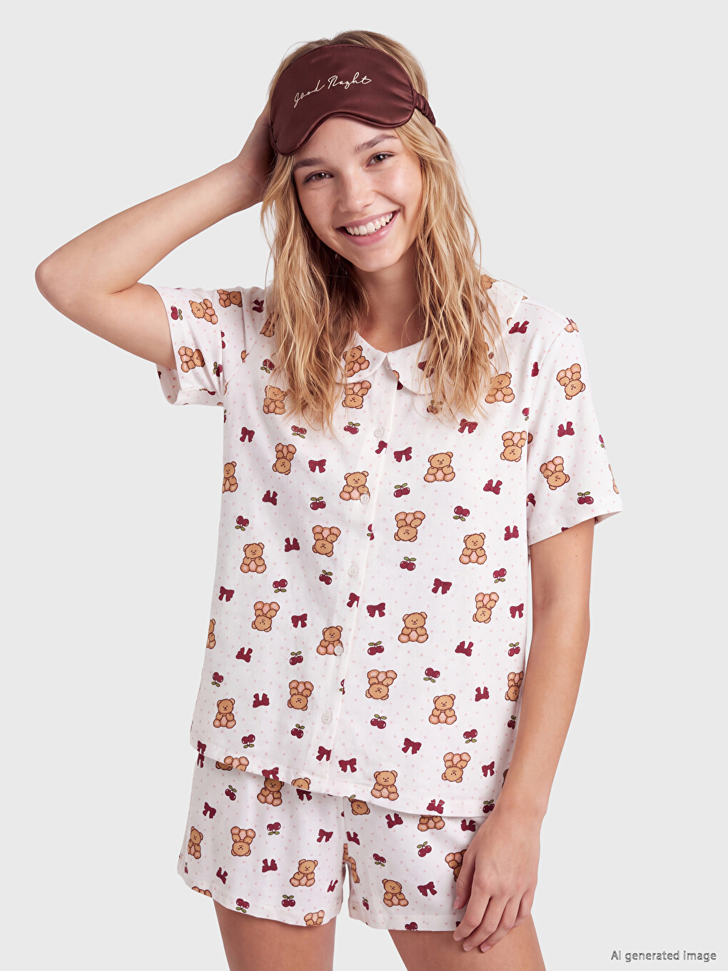 Peter Pan Collar Teddy Bear Printed Women's Shorts Pyjamas Set-1