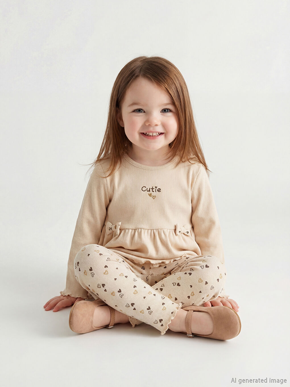 Bej Baskılı Fırfır Detaylı Kız Bebek Bluz ve Tayt