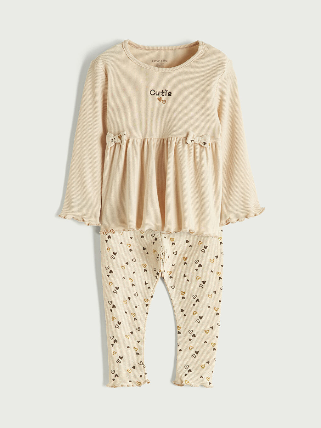Bej Bisiklet Yaka Nakışlı Kız Bebek 2'li