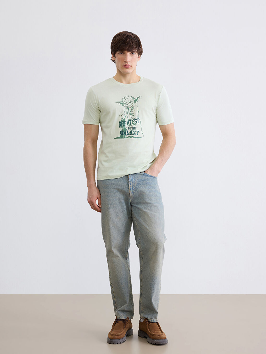 Yeşil Bisiklet Yaka Star Wars Baskılı Erkek Tişört-1