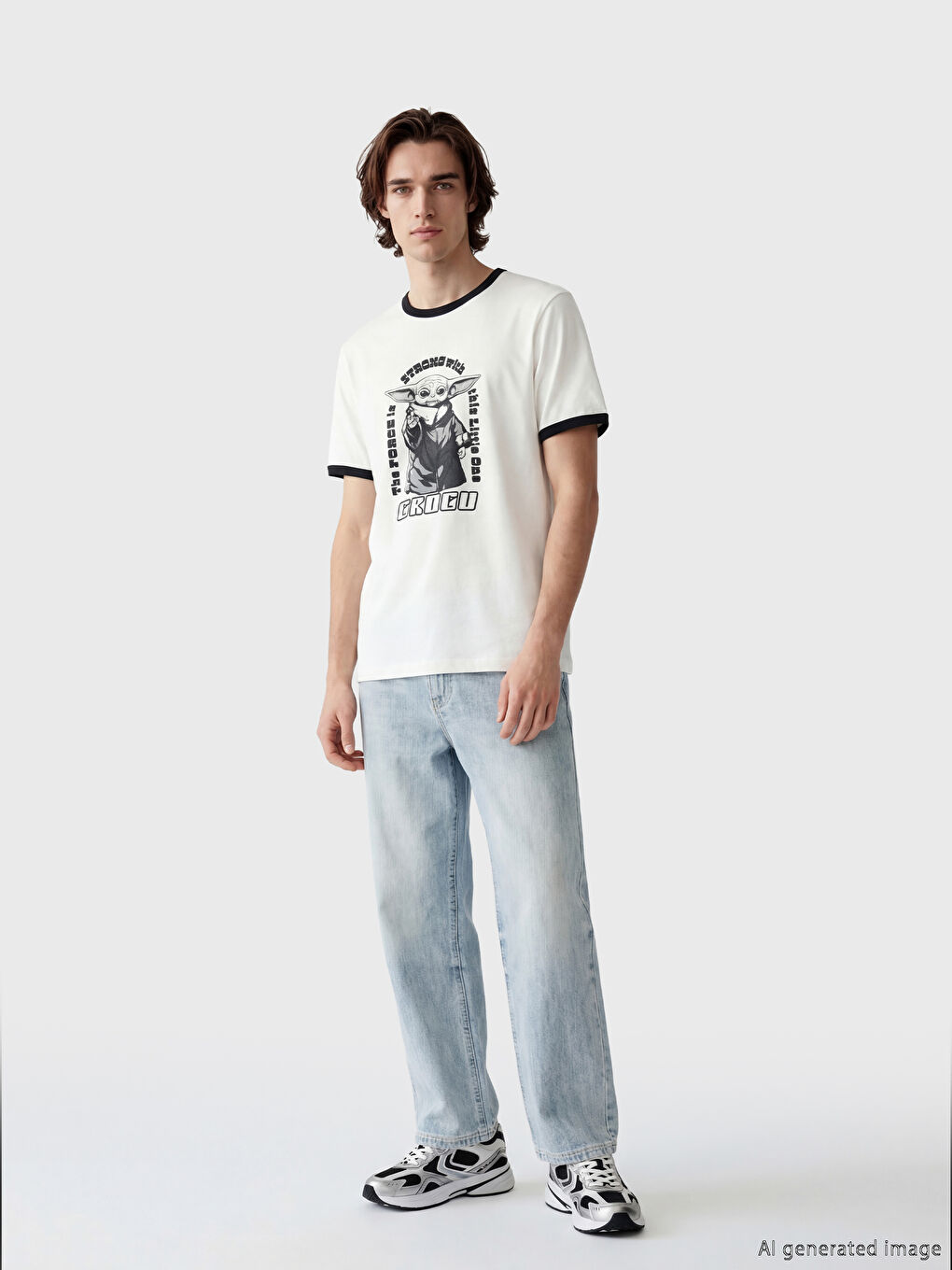 Beyaz Bisiklet Yaka Star Wars Baskılı Erkek Tişört-1