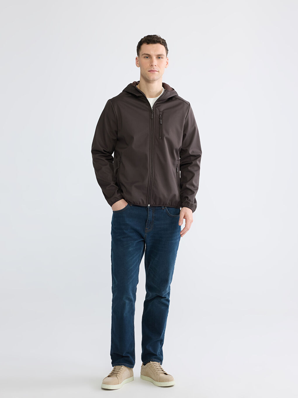 Kahverengi Standart Kalıp Kapüşonlu Erkek Mont-2