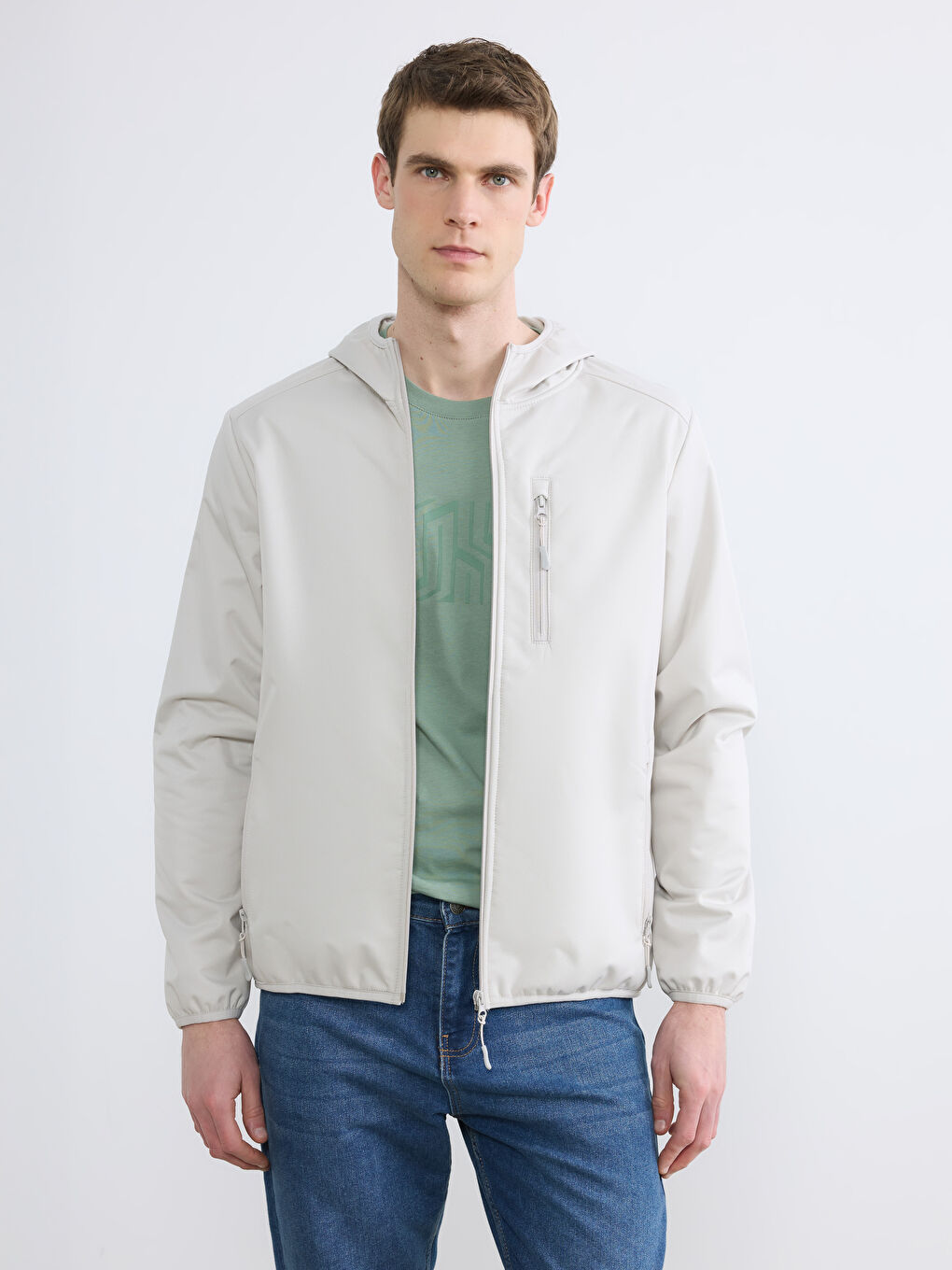 Bej Standart Kalıp Kapüşonlu Erkek Mont