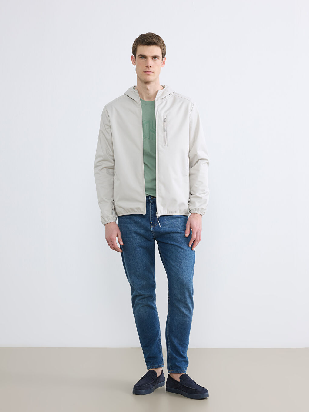 Bej Standart Kalıp Kapüşonlu Erkek Mont-1