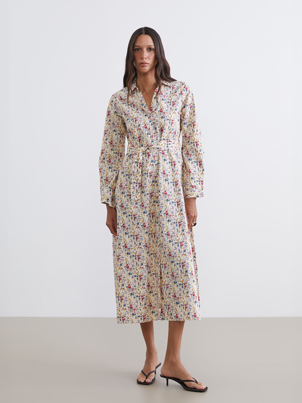 Floral Sash Poplin Women's Shirt Dress