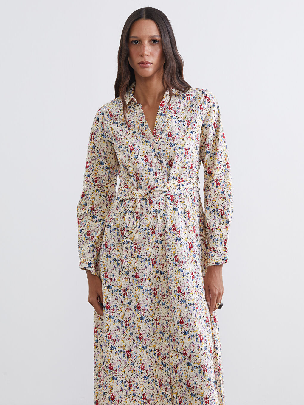 Floral Sash Poplin Women's Shirt Dress-1