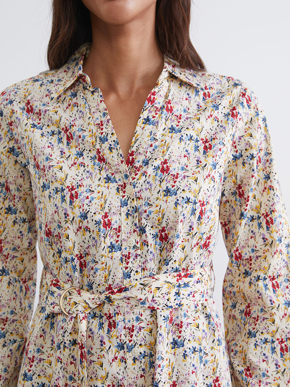 Floral Sash Poplin Women's Shirt Dress-2