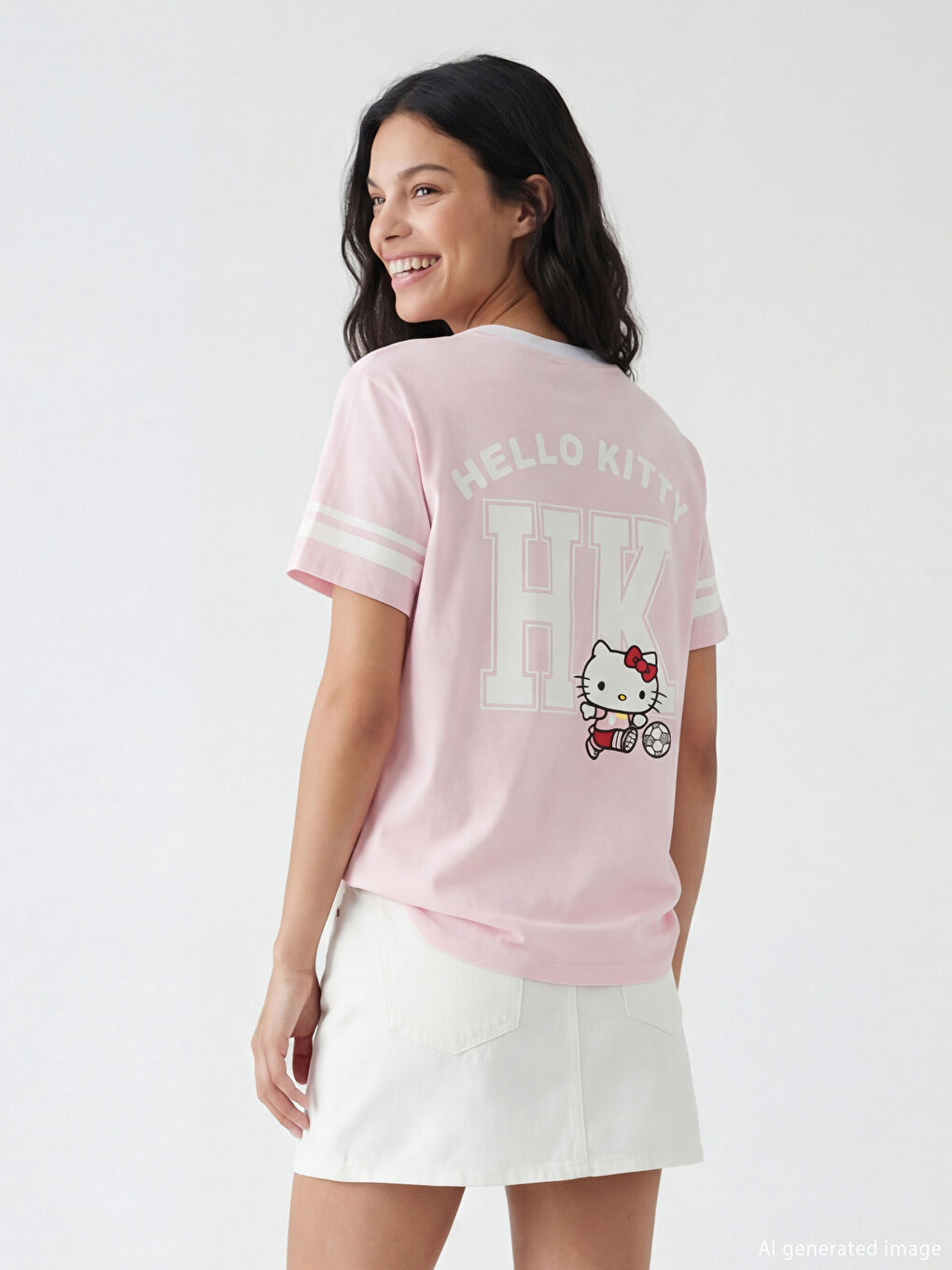 V Neck Hello Kitty Oversize Printed Women's T-Shirt