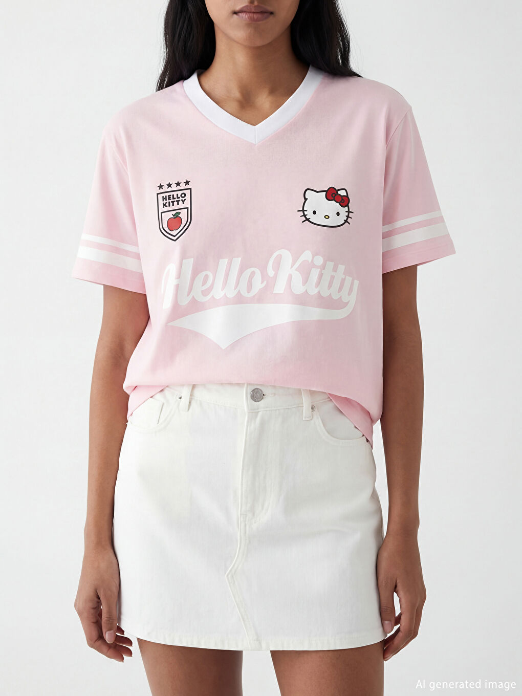 V Neck Hello Kitty Oversize Printed Women's T-Shirt-2