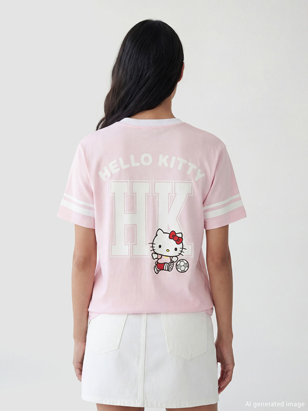 V Neck Hello Kitty Oversize Printed Women's T-Shirt-3