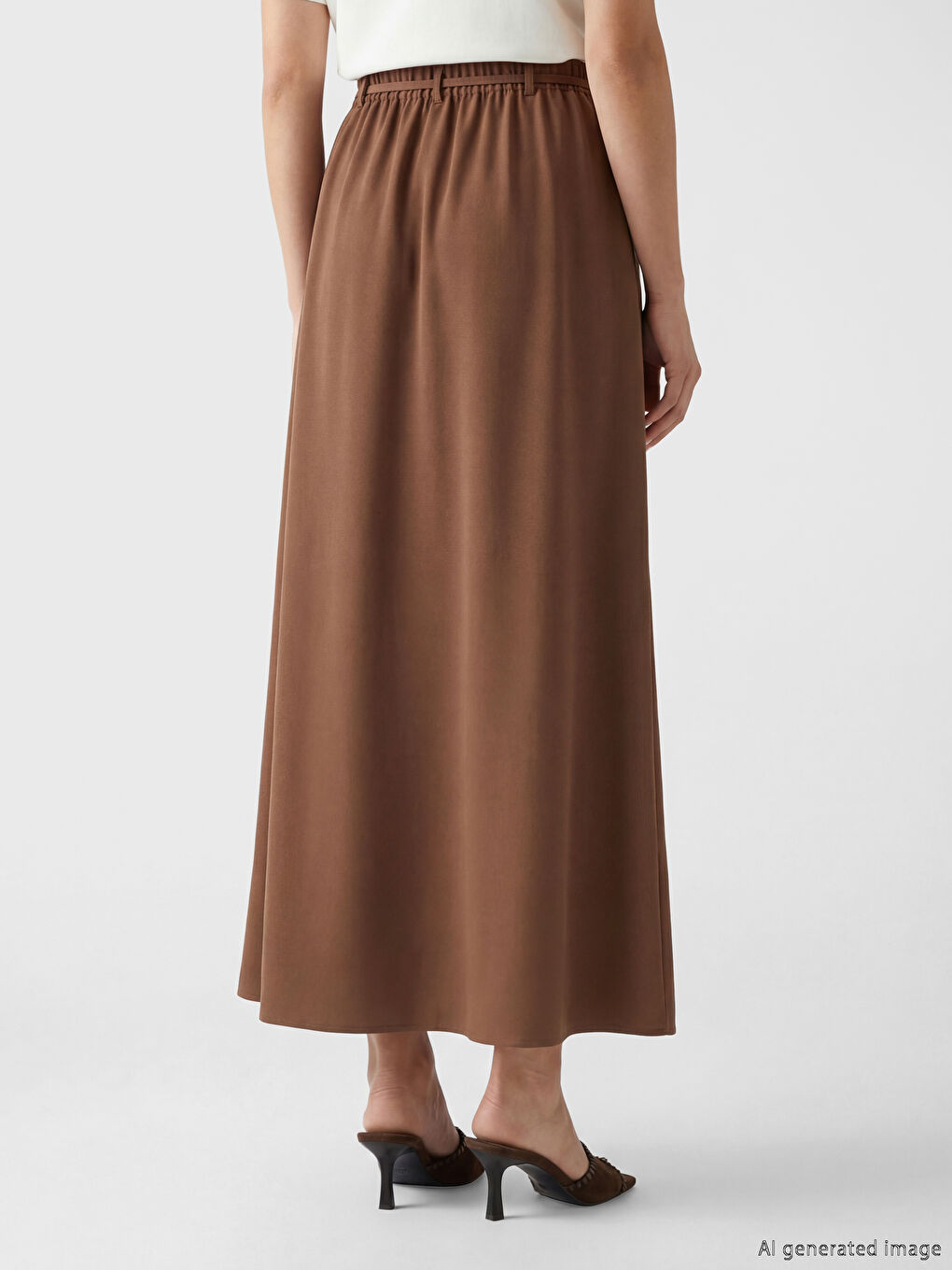 Kahverengi Büyük Beden Beli Lastikli Armürlü Etek	-3