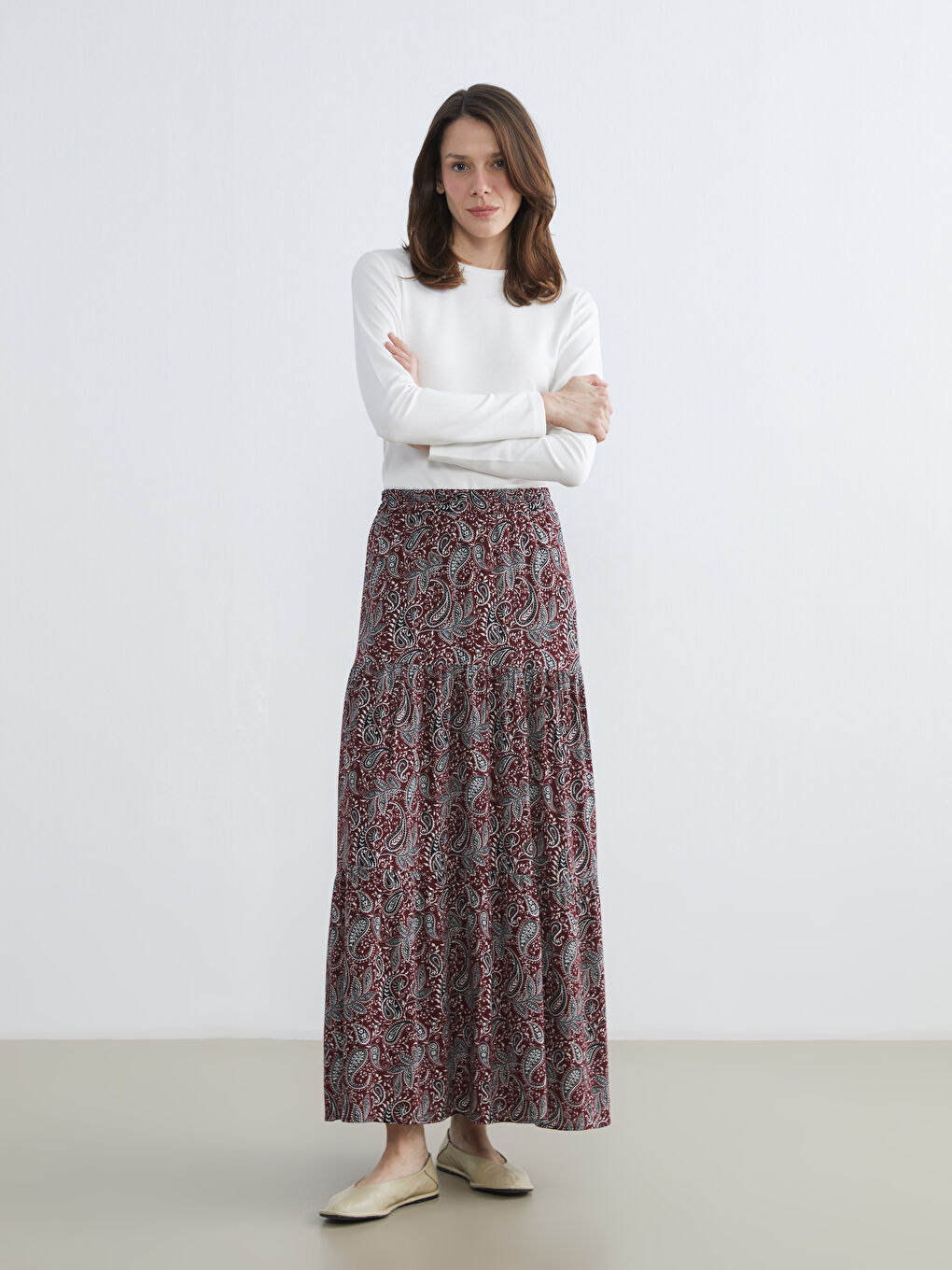 Bordo Beli Lastikli Desenli Etek