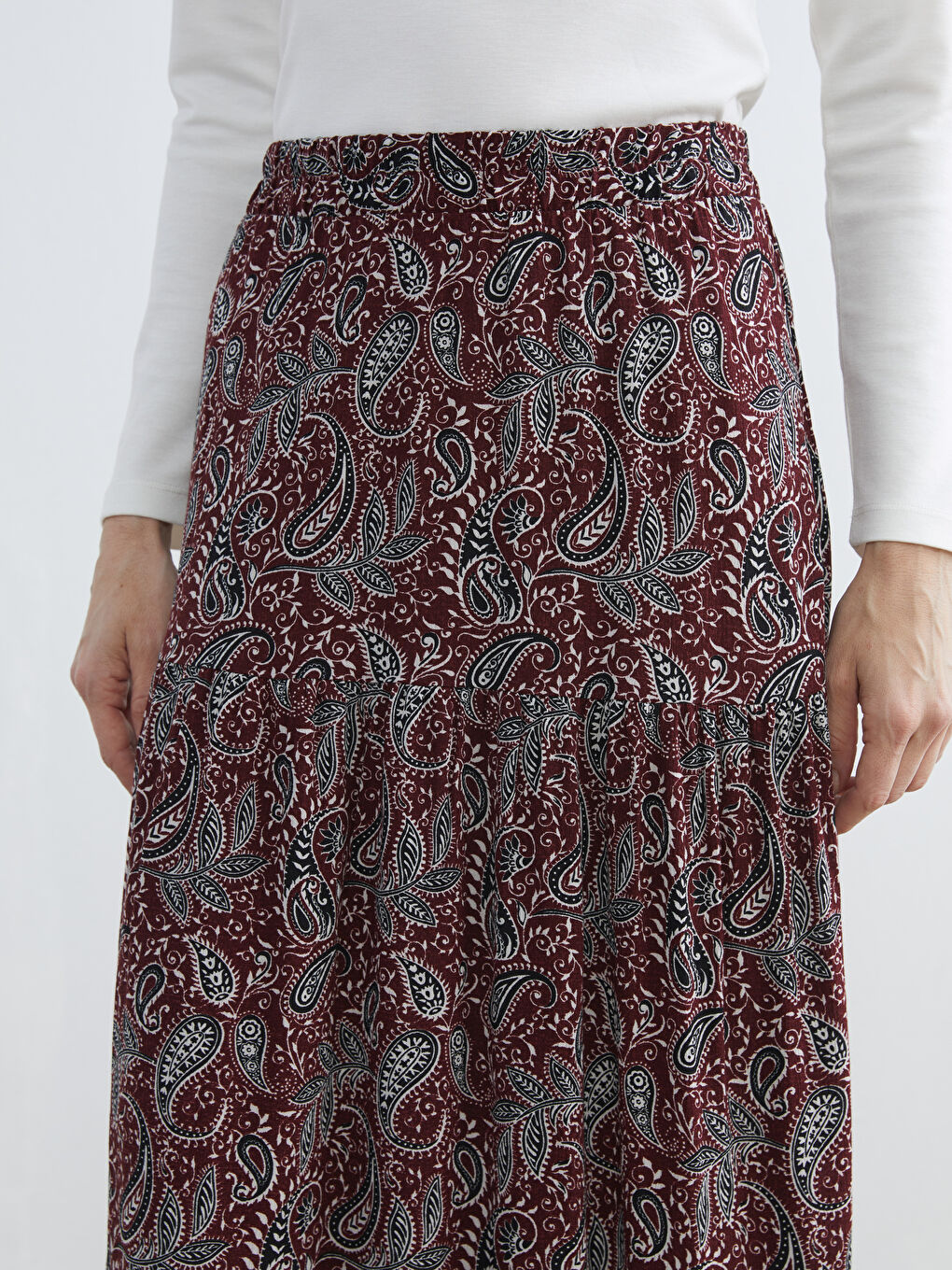 Bordo Beli Lastikli Desenli Etek-2