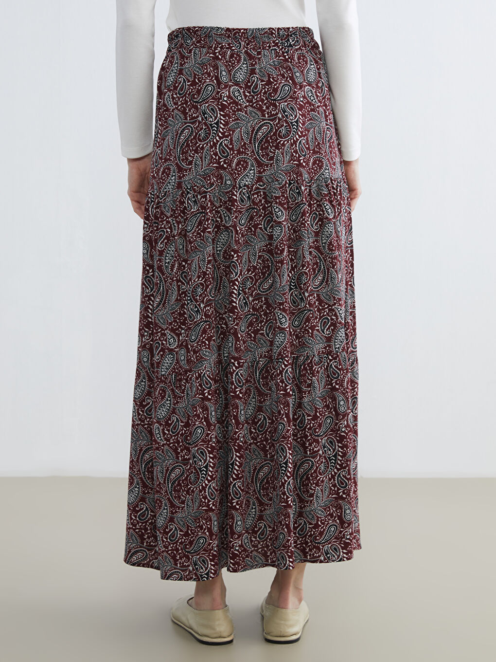 Bordo Beli Lastikli Desenli Etek-3