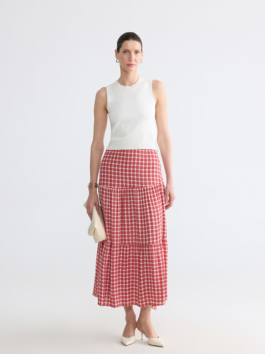 Elastic Waist Plaid Layered Skirt