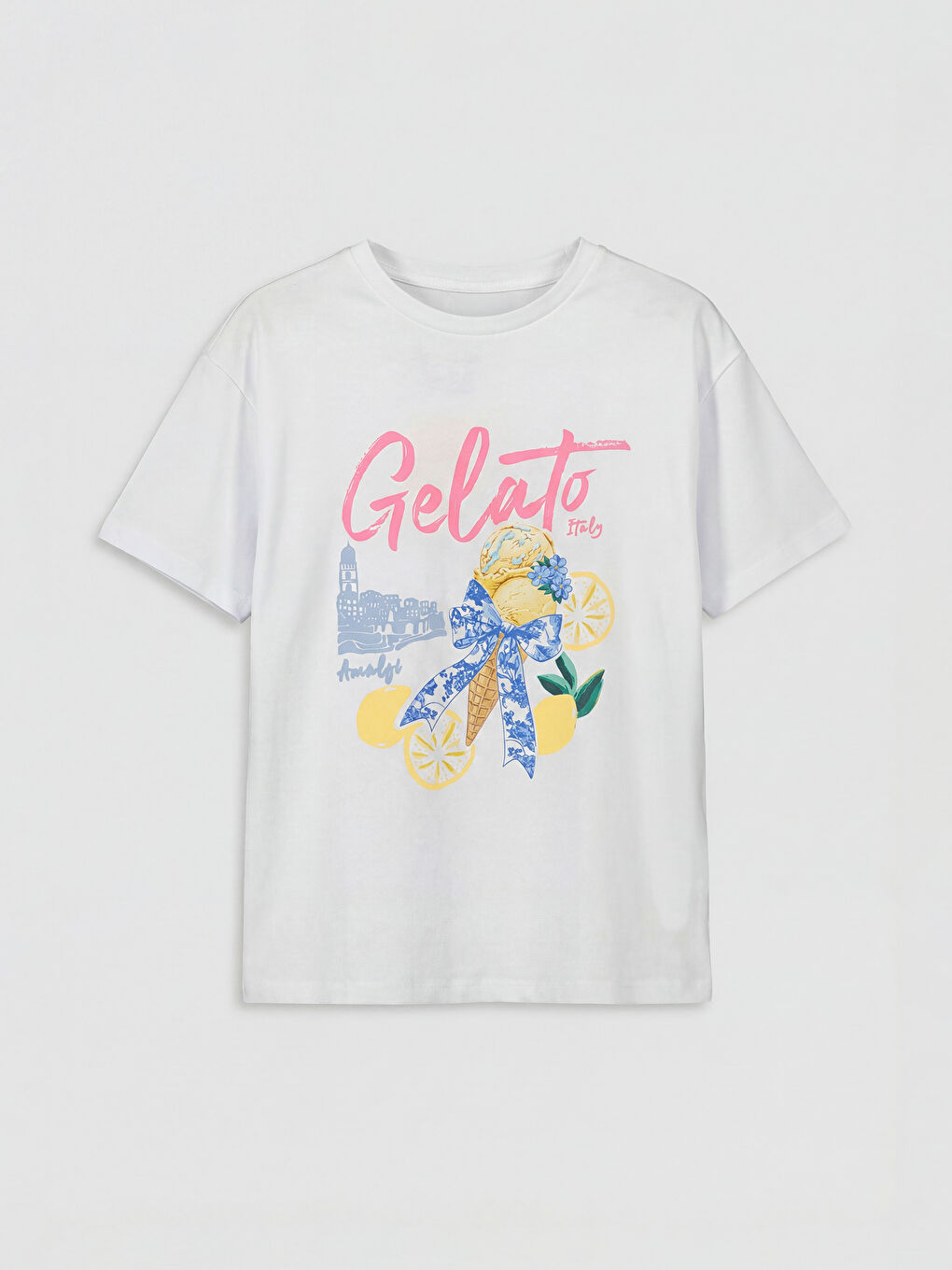 Beyaz Bisiklet Yaka Baskılı Kız Çocuk Tişört