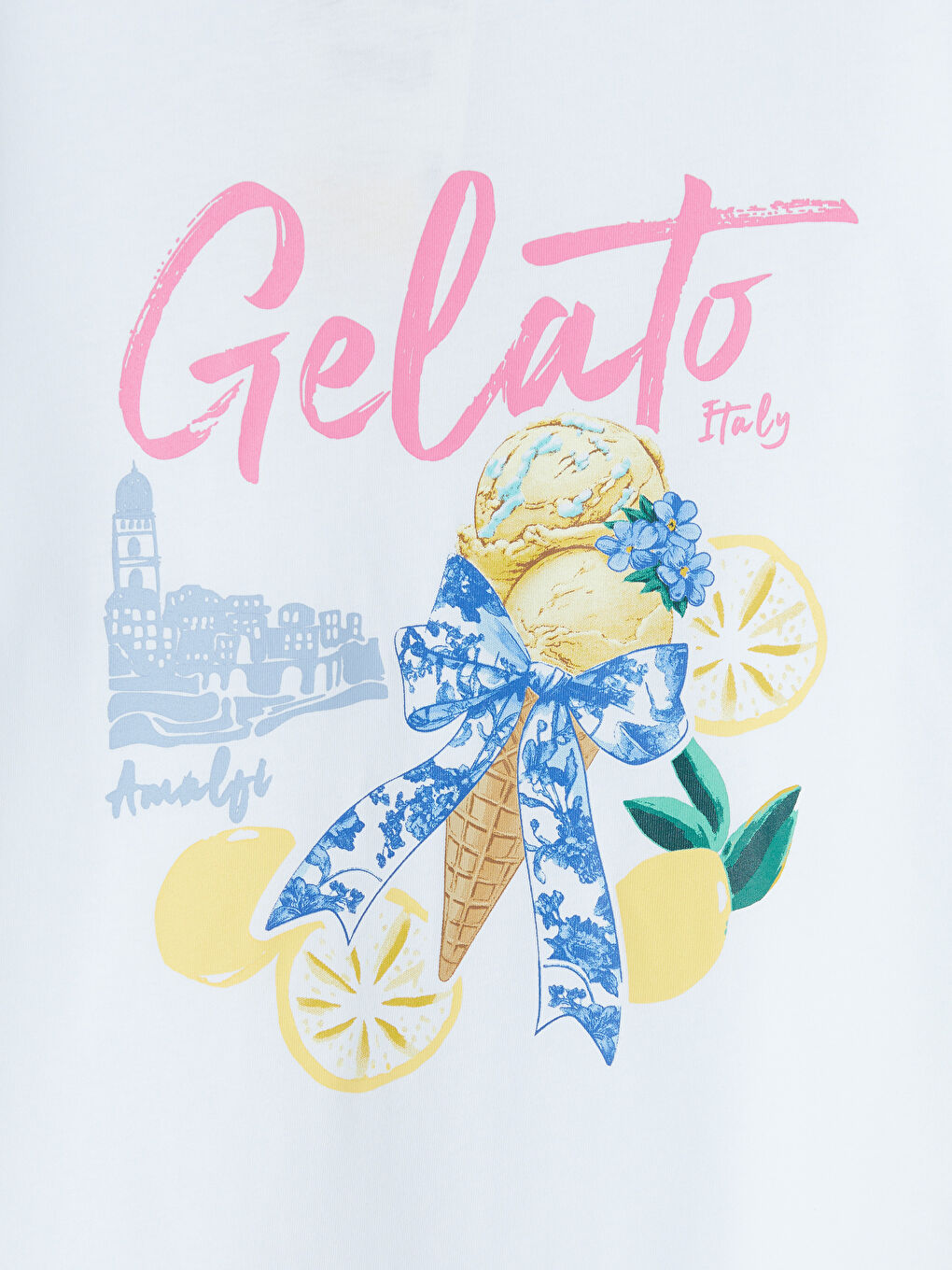 Beyaz Bisiklet Yaka Baskılı Kız Çocuk Tişört-2