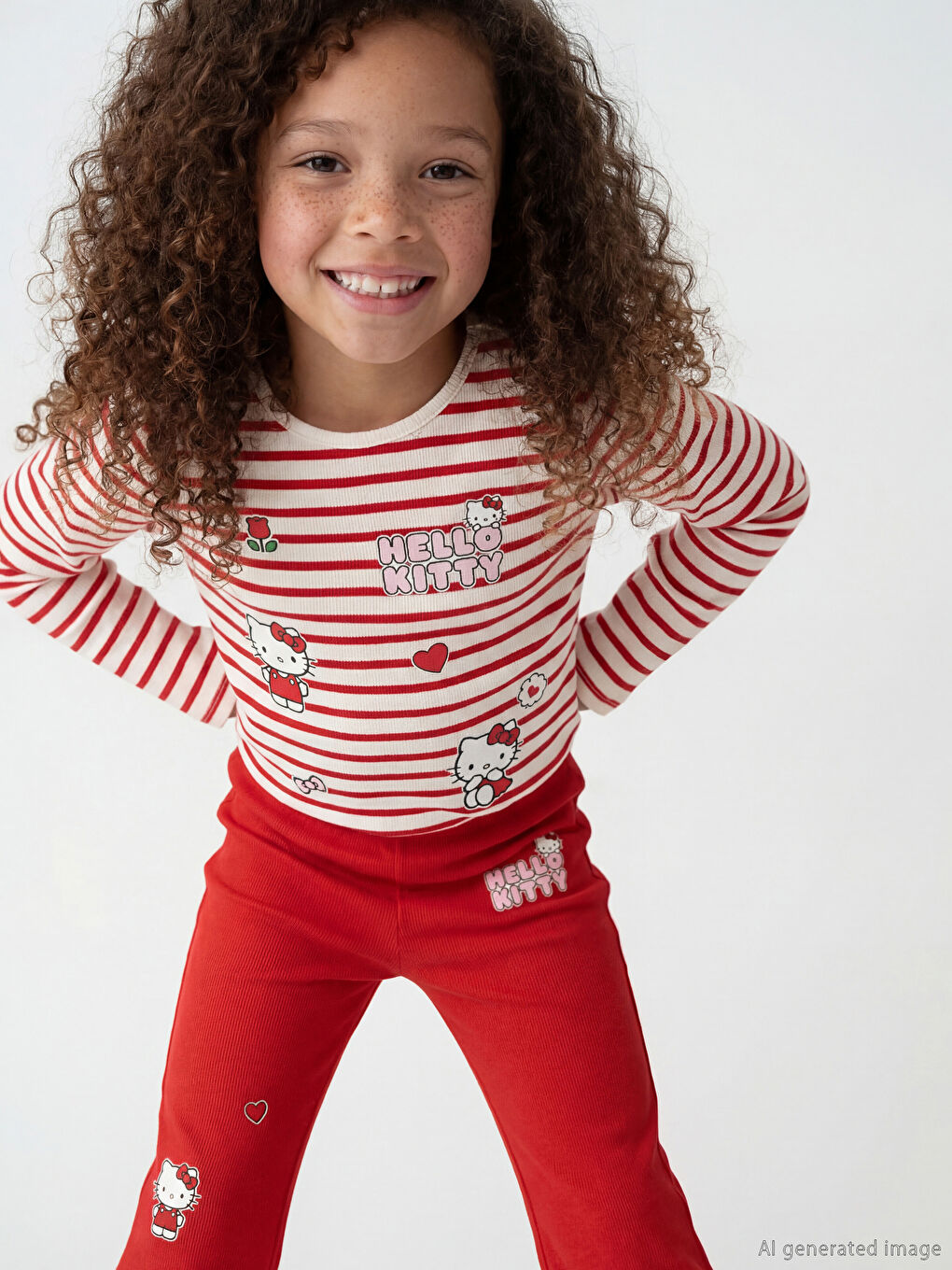 Striped Hello Kitty Printed Girls' Ribbed T-Shirt-1