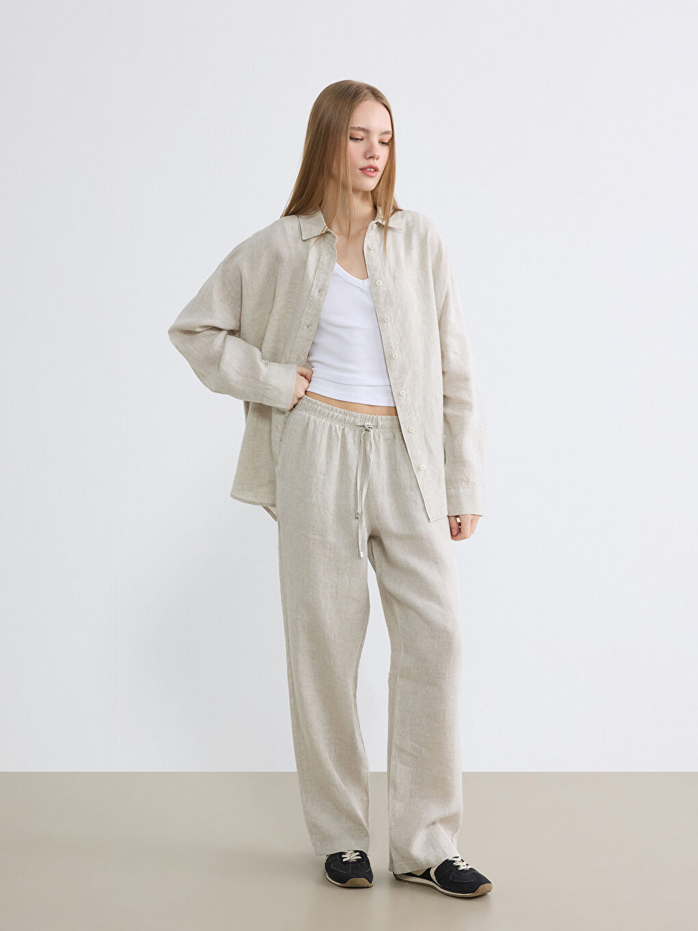 Bej Beli Lastikli Keten Kadın Pantolon